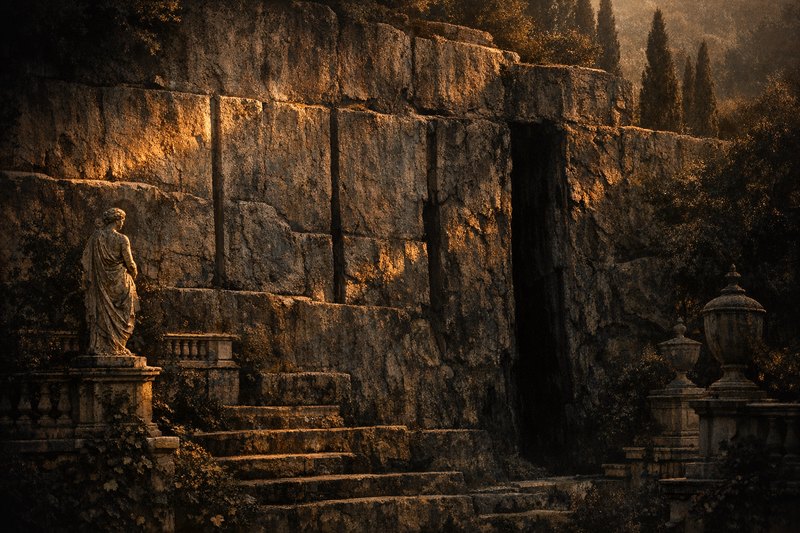 A quarried stone hillside with several cuts of different depths, one barely scored at the surface, another driven so deep its bottom disappears into shadow.