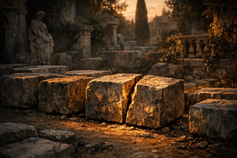 A row of quarried stone blocks laid out for inspection, one split down the middle to reveal a hidden fracture invisible from outside.