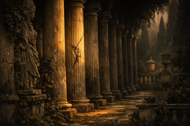 A receding colonnade of identical stone columns in raking light, one column visibly cracked and repaired.
