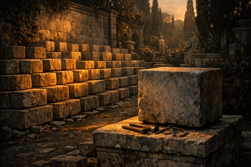 A stonemason's yard at dusk: rows of identical stone blocks stamped with the same size mark, stacked against a wall, and apart from them, on its own plinth, one larger unmarked block with chisels laid at its base.