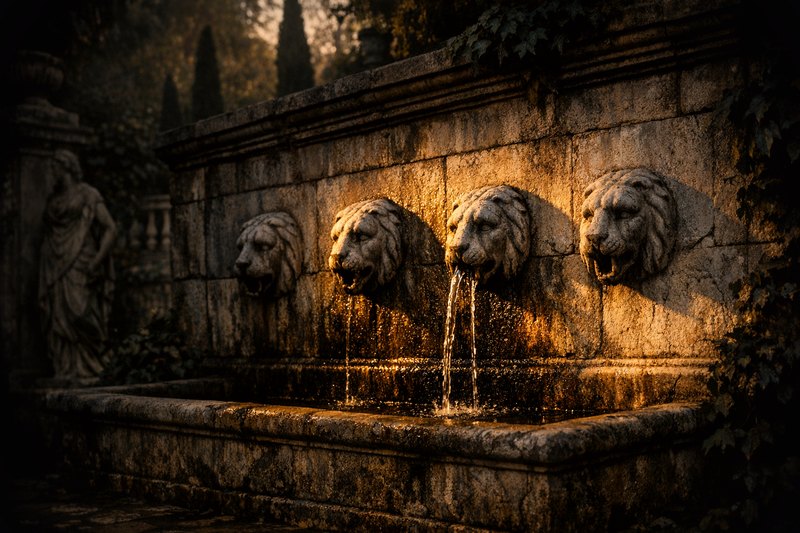 A stone wall fountain with four identical carved spouts, water running steadily from two while the other two sit dry, the wet stone beneath the flowing spouts darker than the pale stone beneath the silent ones.