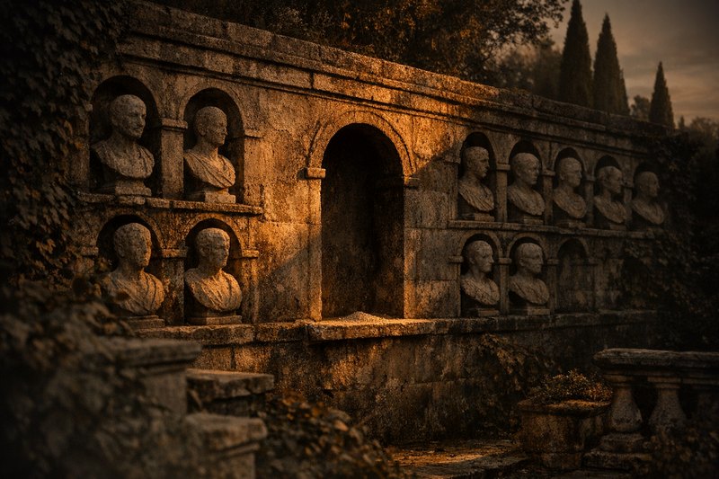 A wall of stone niches for portrait busts, most holding a worn bust, one niche empty and freshly swept, casting the deepest shadow in the row.