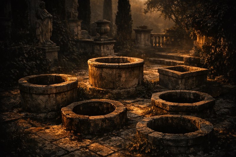 Five mismatched stone wellheads and cisterns of different heights and depths, low sun striking their rims unevenly, some showing their depth and others in shadow.
