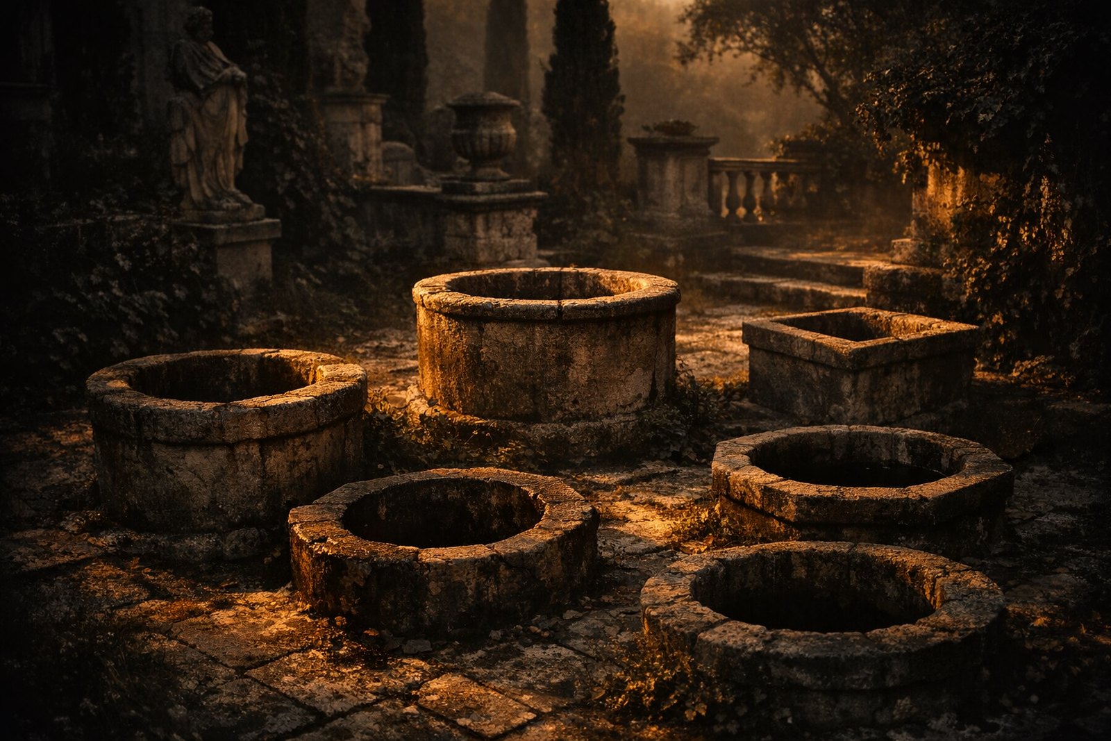 Five mismatched stone wellheads and cisterns of different heights and depths, low sun striking their rims unevenly, some showing their depth and others in shadow.