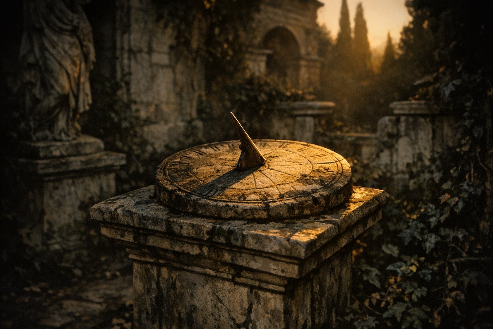A weathered stone sundial with a bronze gnomon casting a sharp, precise shadow, half its carved numerals worn past legibility.