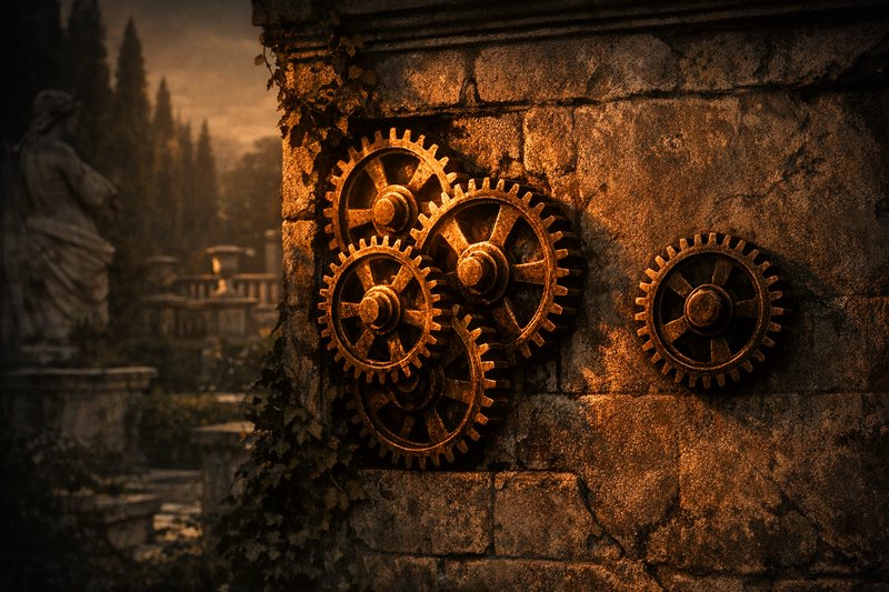 A stone gearworks embedded in a wall, some gears meshed and turning others, one gear disconnected and spinning free against the rest.