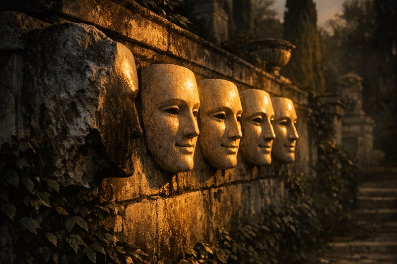 A row of carved stone theatrical masks along a garden wall, one turned in profile to show the unfinished stone behind the polished face.