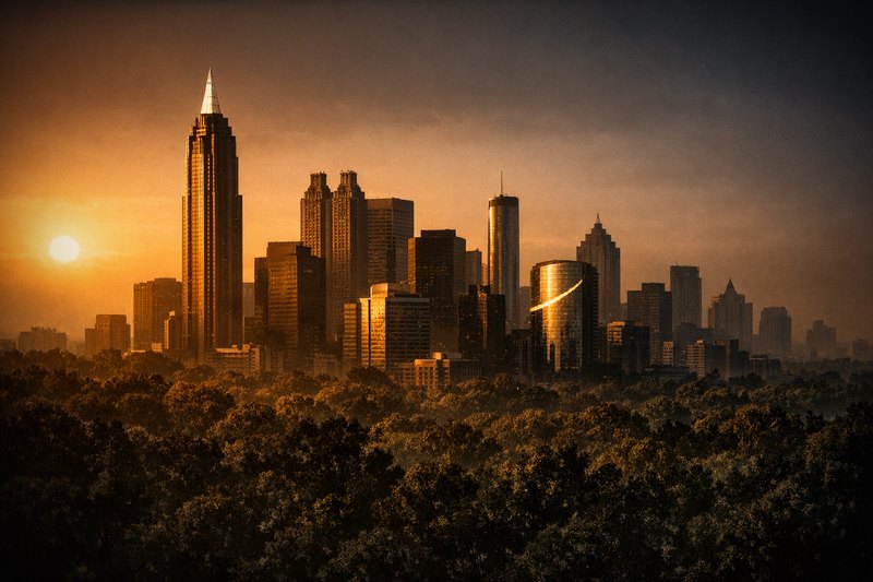 Atlanta's skyline rising out of dense tree canopy, a slender obelisk-spired tower above the cluster beside a cylindrical glass tower catching a curved band of light, the tree line pressing close against the towers' base.