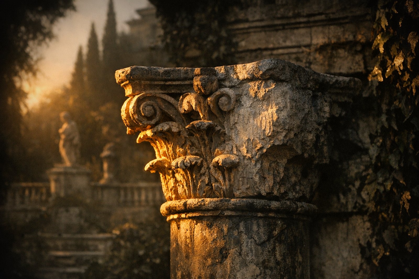 A hand-carved stone capital with chisel marks still visible, one section of the carving left unfinished.