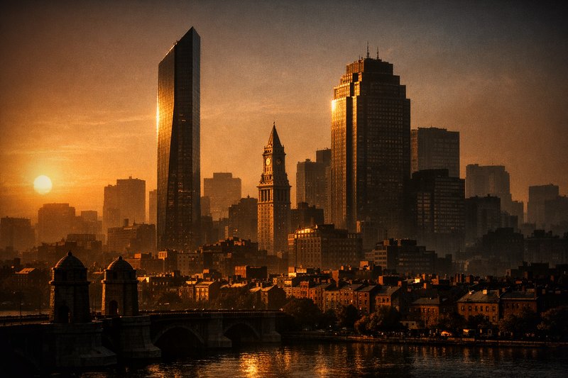 Boston's skyline across the Charles River at dusk, a flat rhomboid tower of dark glass thinner than the cluster around it, a stone clock tower with a pointed cap near the harbor, brick rooftops along the bank.