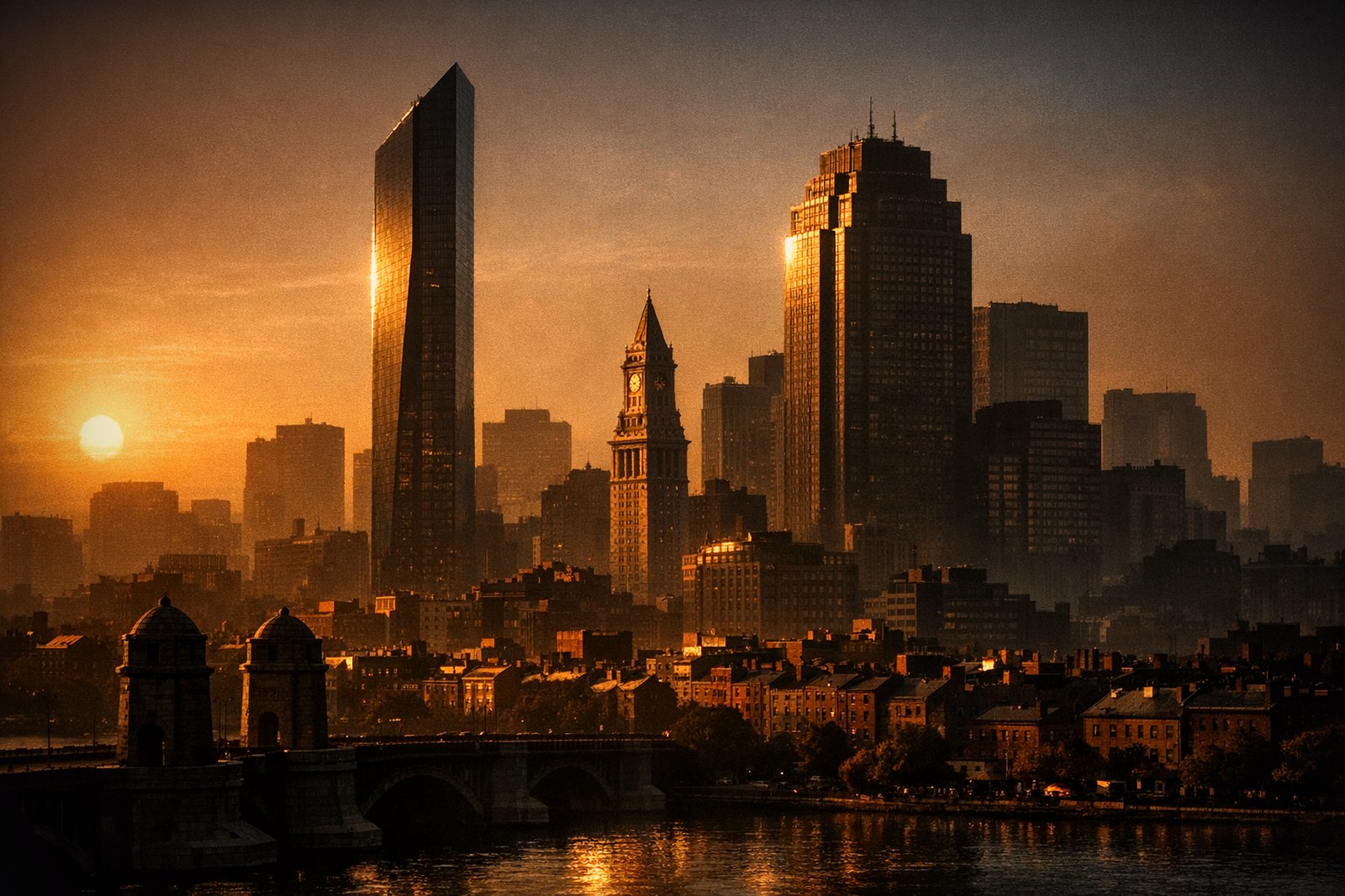 Boston's skyline across the Charles River at dusk, a flat rhomboid tower of dark glass thinner than the cluster around it, a stone clock tower with a pointed cap near the harbor, brick rooftops along the bank.