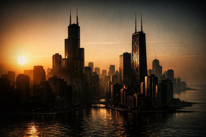 Chicago's skyline along a flat lake horizon, a black stepped tower with twin antenna spires standing above the cluster, a nearby tower crossed by an X-braced lattice, the river's mouth cutting through toward open water.