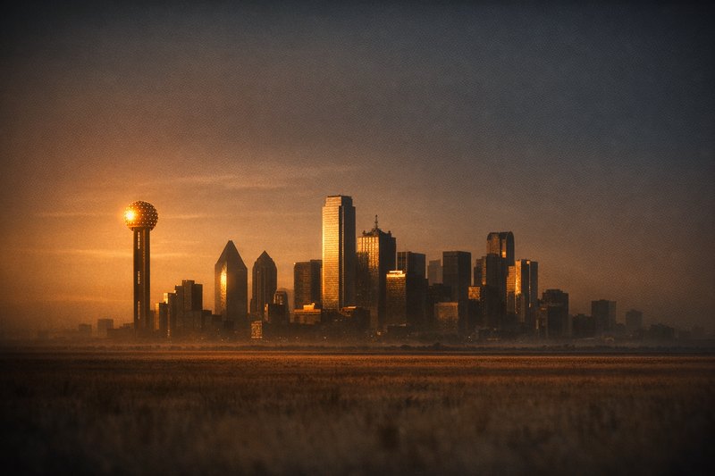 Dallas's skyline alone on a flat prairie horizon, a slender pole apart from the main cluster topped with a latticed geodesic sphere catching the low sun, the rest of the towers stepped behind it against the empty plain.