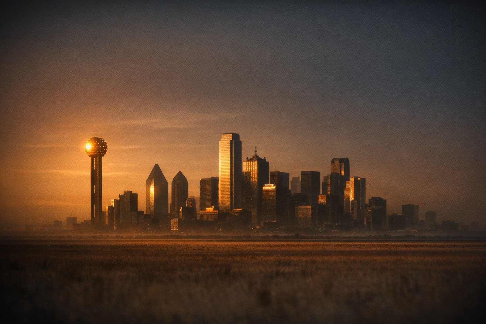 Dallas's skyline alone on a flat prairie horizon, a slender pole apart from the main cluster topped with a latticed geodesic sphere catching the low sun, the rest of the towers stepped behind it against the empty plain.