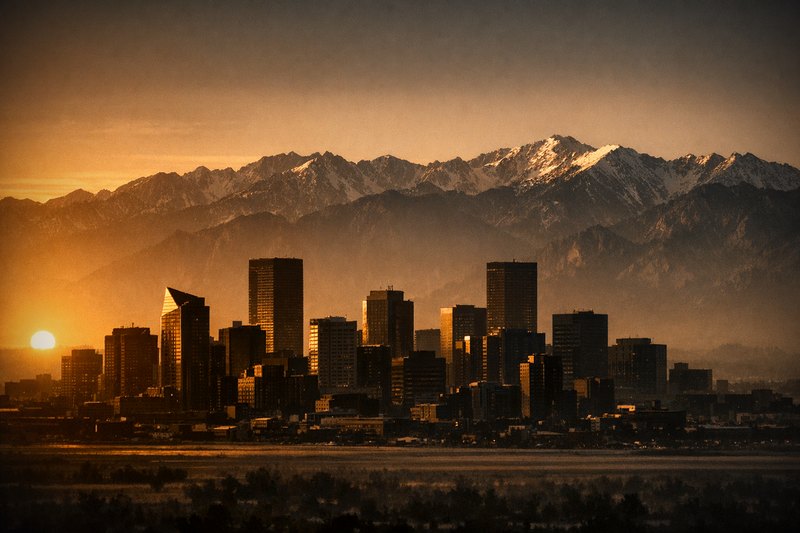 Denver's compact downtown skyline rising abruptly from the plains, one tower's crown cut at a sharp diagonal wedge, a jagged wall of mountains rising steeply just behind the city under thin, high-altitude light.