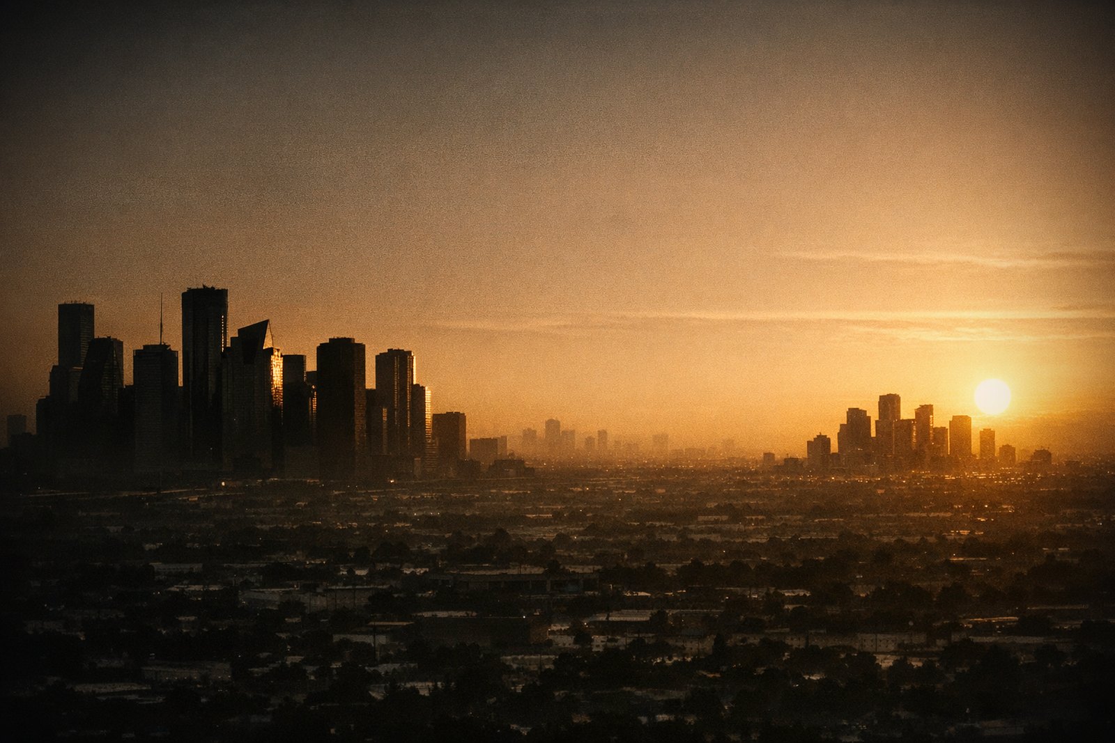 Houston's skyline split into two clusters across a flat, hazy expanse — a dense downtown core with one tower cut by an asymmetric sloped notch, and a smaller cluster rising alone miles off across low-rise sprawl.