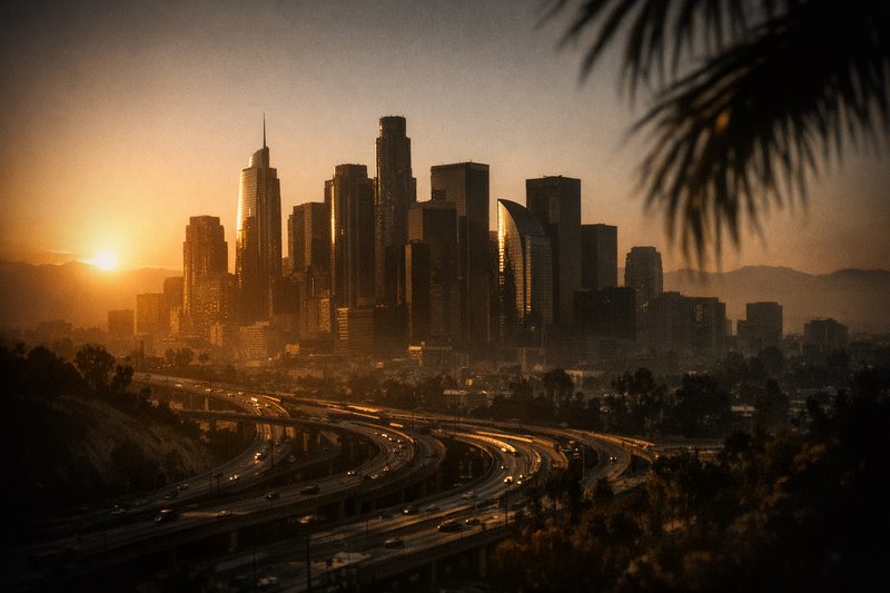 Downtown Los Angeles's skyline from a hillside above a freeway interchange, hazy mountains behind, a tapering spire beside a smooth curved sail-shaped crest, palm fronds silhouetted at the frame's edge.