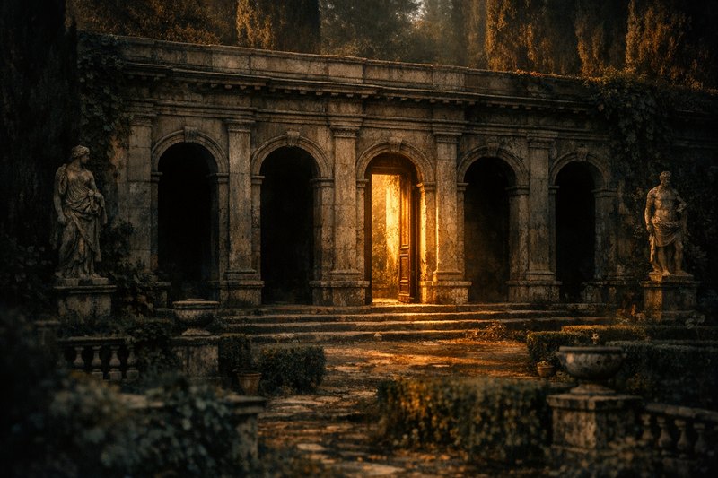 A long facade with five identical stone doorways, light coming through only one of them.