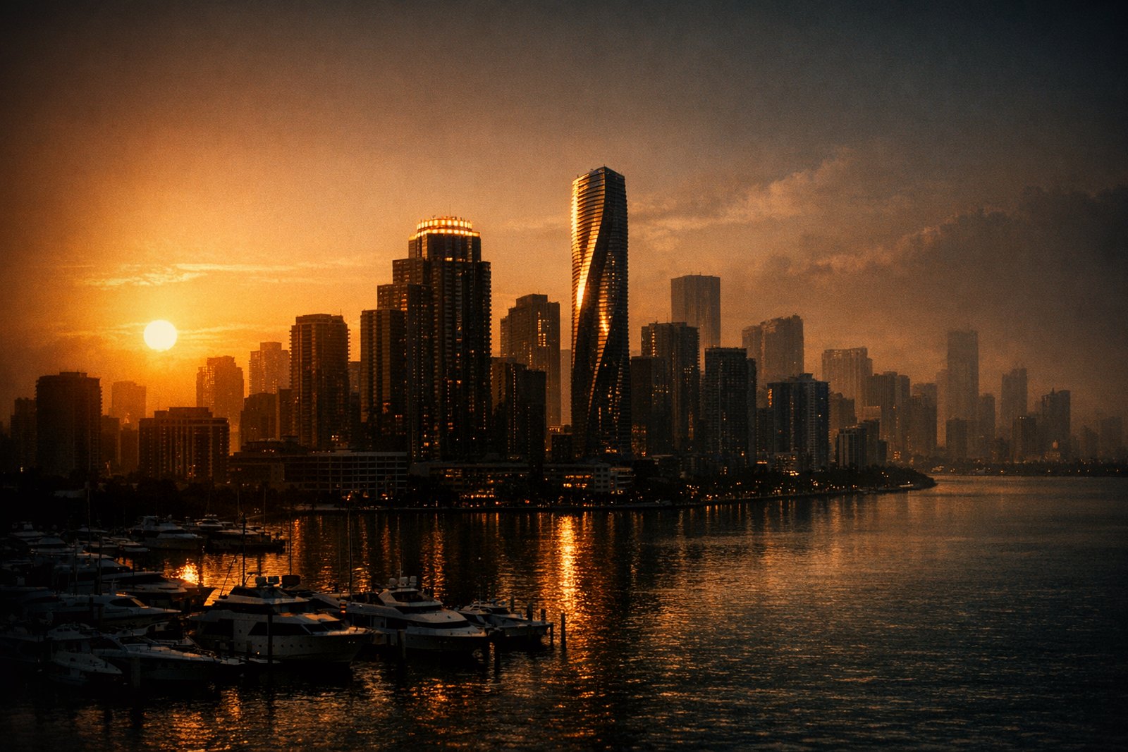 Miami's skyline on a curving bay shoreline at late-day, a stepped tower with a glowing outlined crown beside a slender tower with a twisting facade, boats moored in the foreground water.