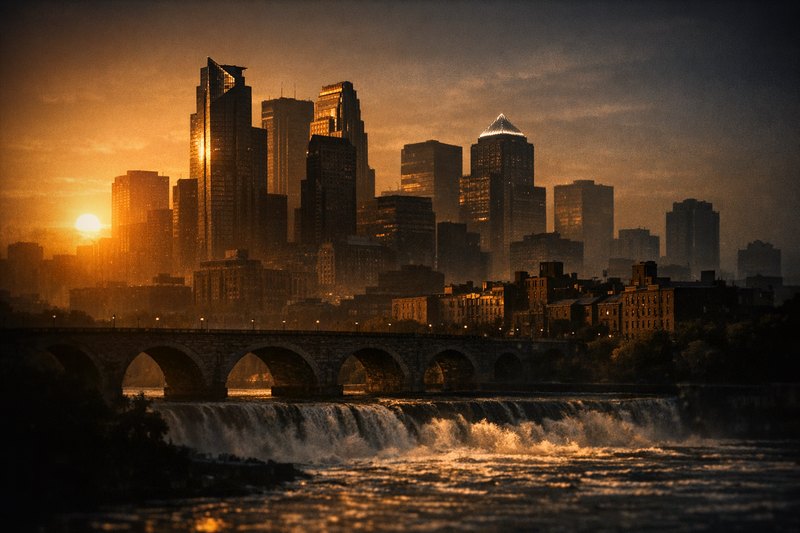Minneapolis's skyline above a wide river crossed by a stone arched bridge, a stepped tower with a crystalline notch beside a tower topped with a lit pyramidal crown, old brick mill buildings and falls along the bank.