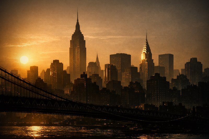 Manhattan's skyline in silhouette across the East River at golden hour, a stepped-back Art Deco spire and a fluted triangular crown rising above the dense cluster, suspension bridge cables crossing the foreground water.
