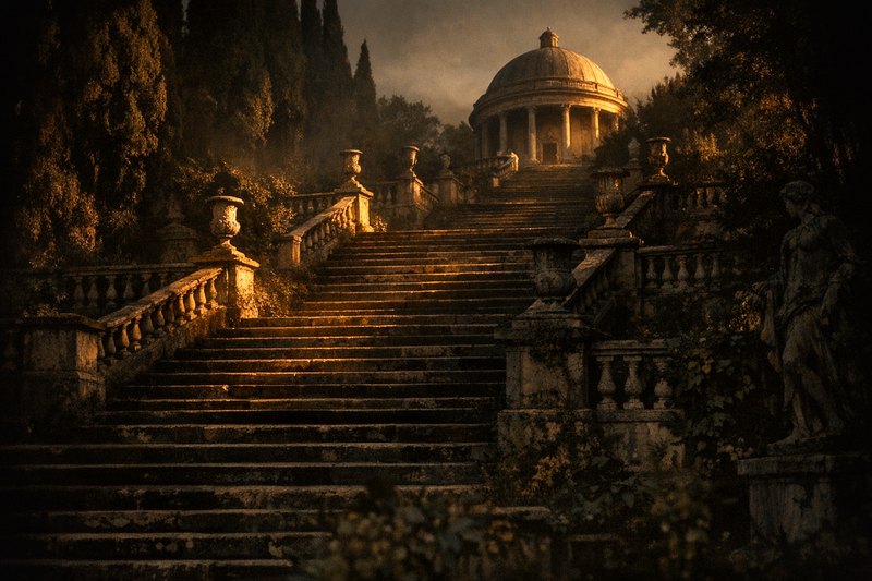 A long stone staircase climbing in broad flights toward a domed rotunda, balustrades and urns along its edges.