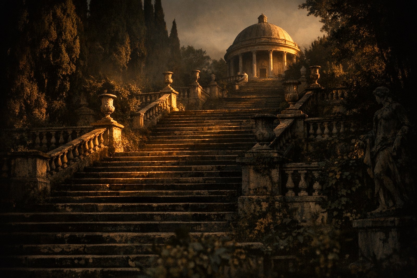 A long stone staircase climbing in broad flights toward a domed rotunda, balustrades and urns along its edges.