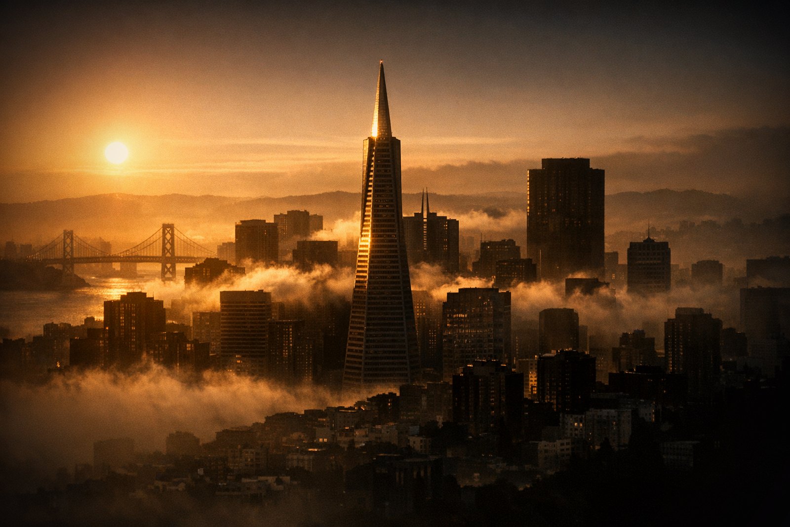 San Francisco's skyline on steep hills above the bay, a slender pyramid-topped tower rising clear above a fog bank that buries the surrounding towers, suspension bridge cables crossing the water in the middle distance.