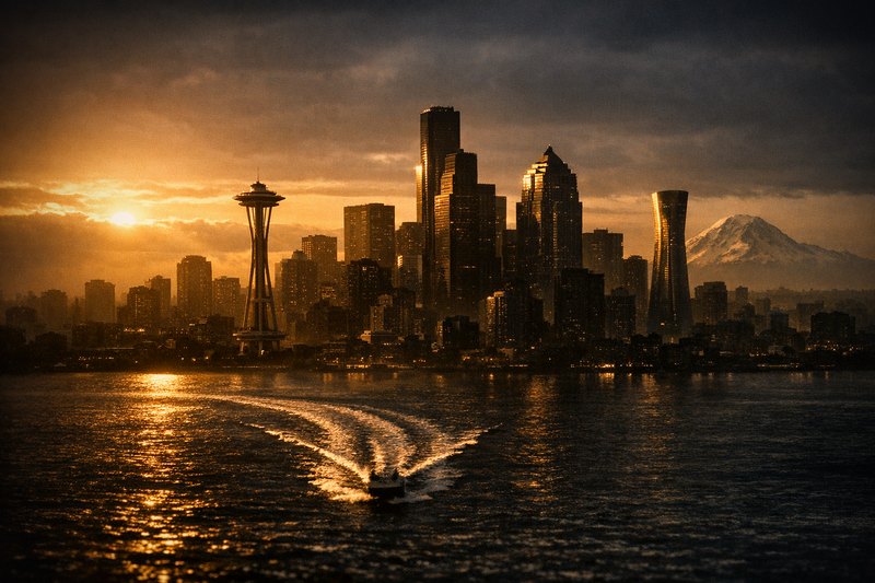 Seattle's skyline above a dark bay: a slender tower topped with a flattened disc on raking struts, a stepped dark-glass tower, a tapered tower flaring wider near its top, a snow-capped peak across the water.