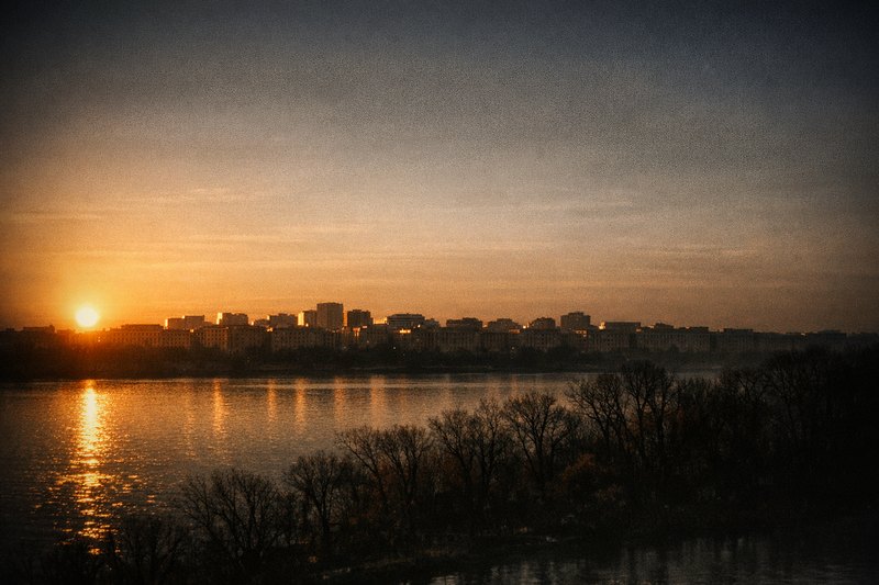 Washington's skyline lying low and level along the horizon, an unbroken cornice line of matched-height buildings with no single tower rising above the rest, a wide river catching low light in the foreground.