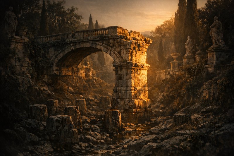 A ruined stone bridge with only one pier still standing and carrying the full span, the other pier positions reduced to broken stumps in the dry streambed below.