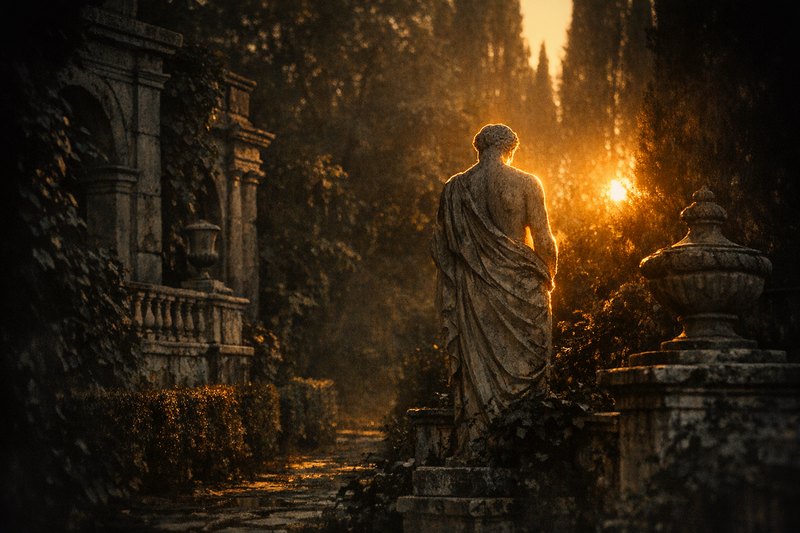 A marble figure standing with its back to the path, turned away toward dense foliage and lit from behind.