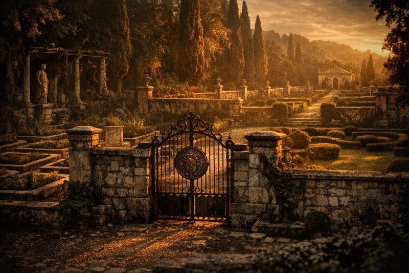 A physic garden split by a stone wall into a labeled medicinal-bed half behind a sealed gate and an unlabeled ornamental half, with several walled gardens beyond linked by a path and one further garden standing alone.