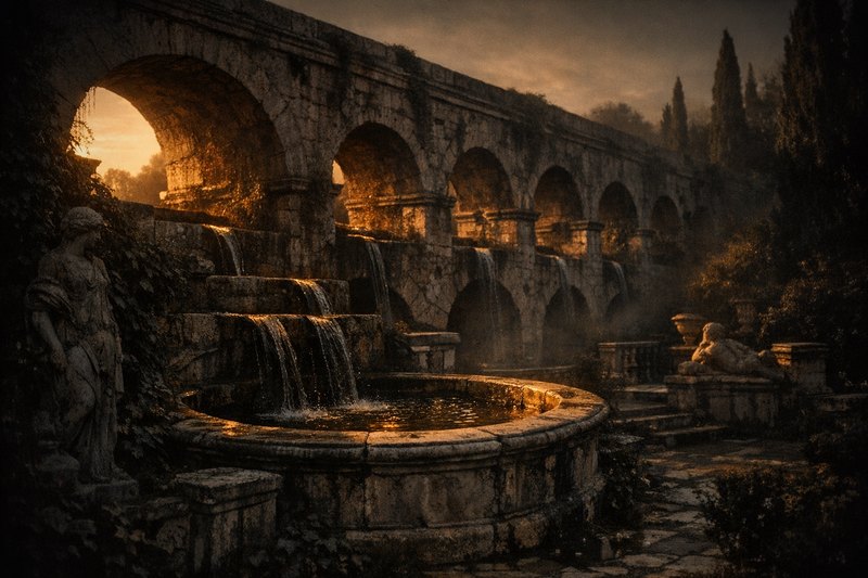 A stone aqueduct with several unevenly spanned arches carrying separate channels into one cistern, low sun casting deeper shadow across the wider arches.