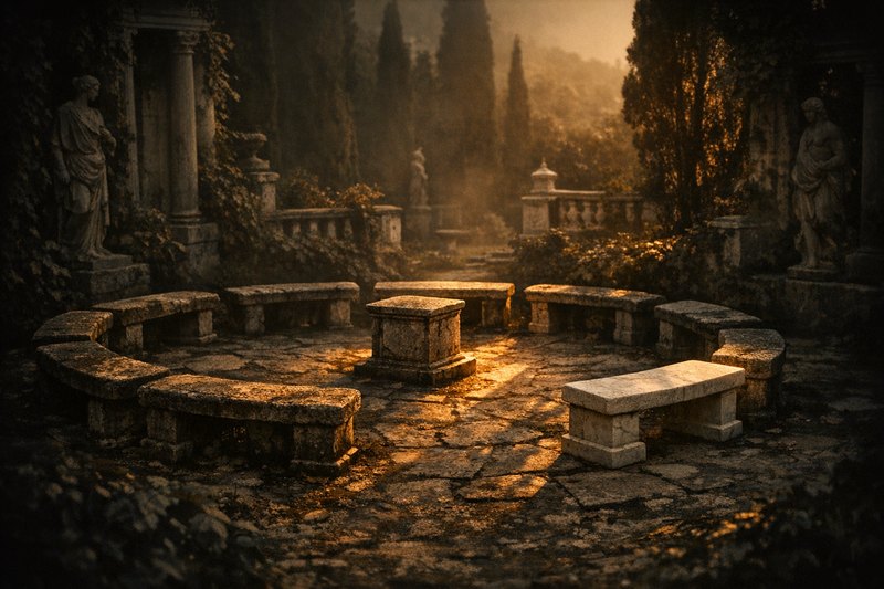 A ring of weathered stone benches around a central plinth, one newly cut bench still pale, set apart from the otherwise unbroken circle.