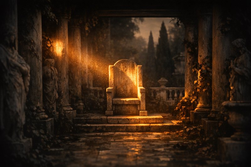 A single high-backed stone seat at the head of an empty colonnade, unoccupied, with light falling across it.