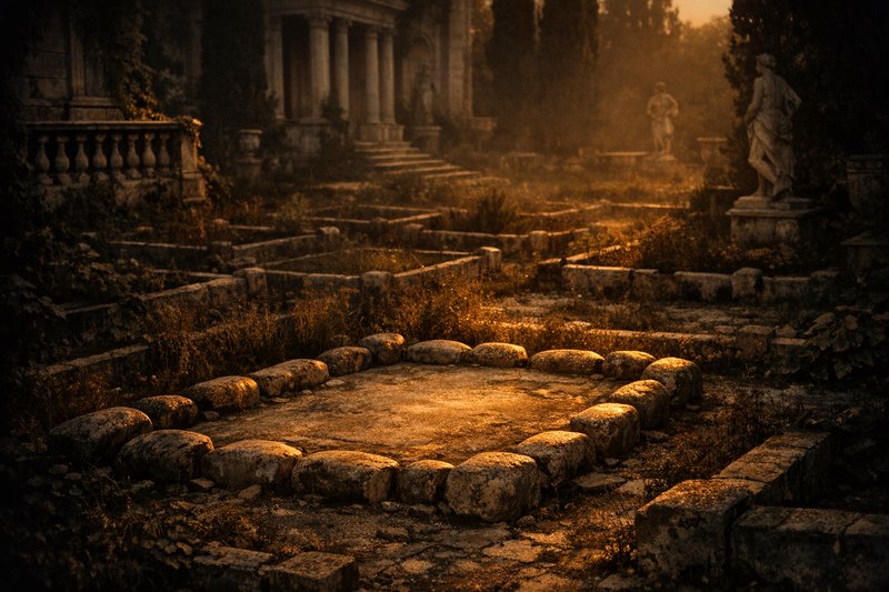 A garden divided by stone boundary markers into many plots, most wide open and untouched, one small plot at the front worn smooth from repeated use.