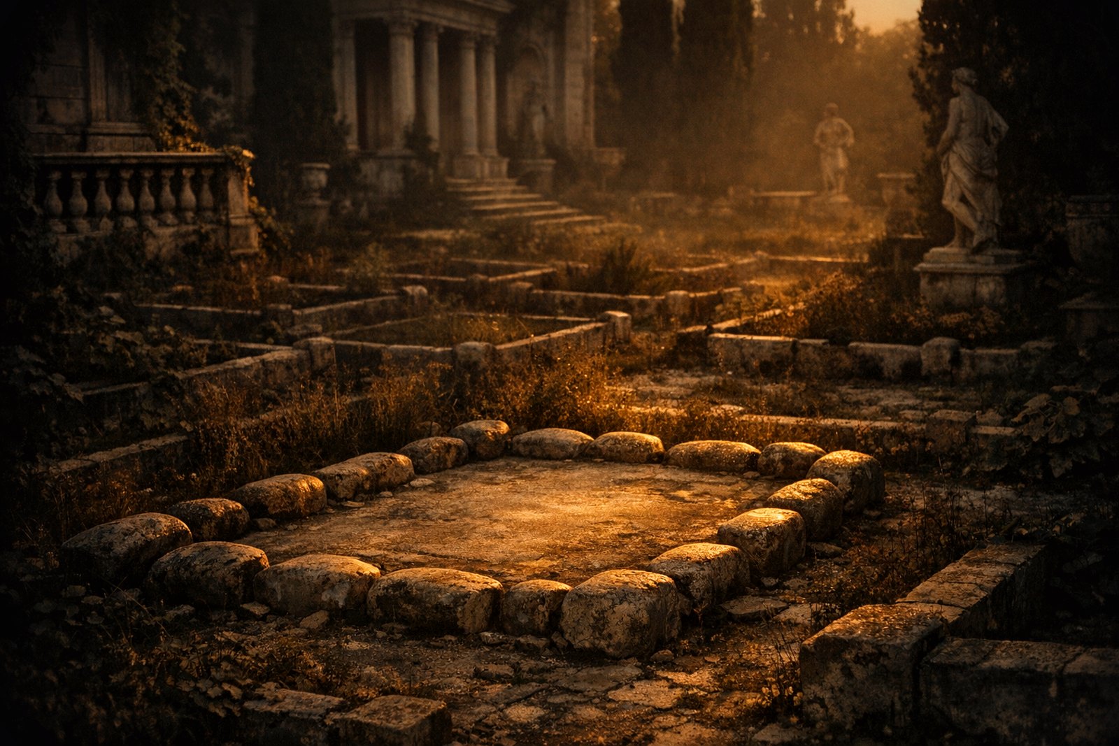 A garden divided by stone boundary markers into many plots, most wide open and untouched, one small plot at the front worn smooth from repeated use.