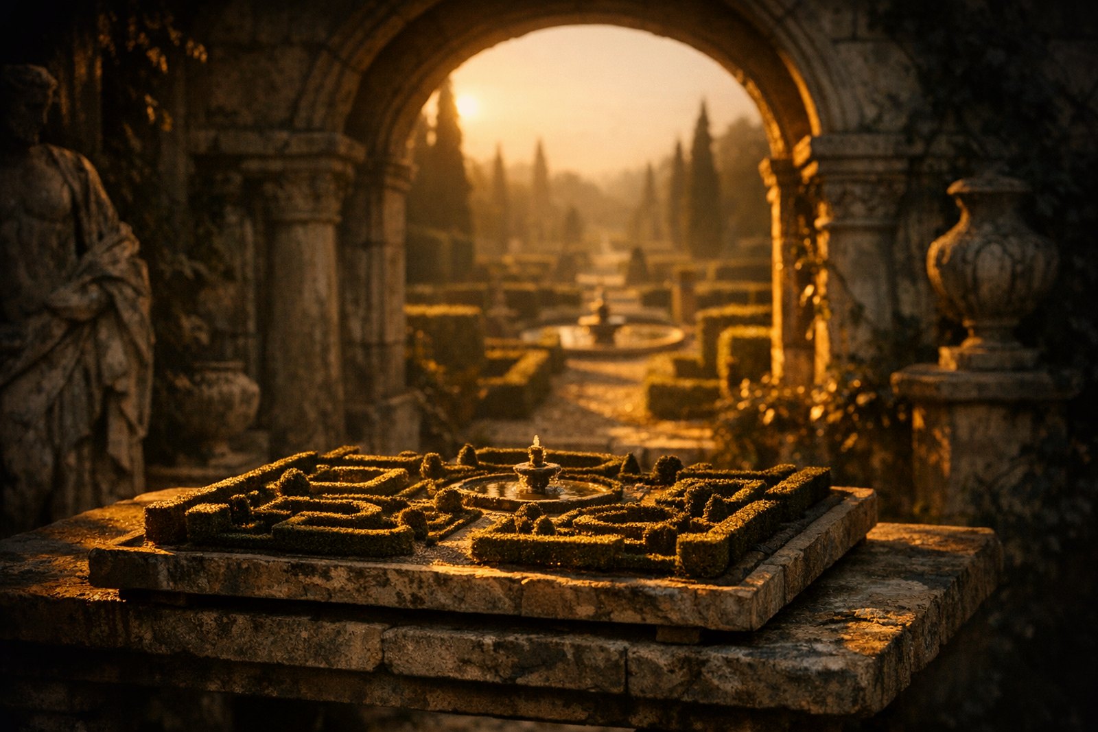 A stone table holding a carved scale model of a formal garden — miniature hedges, a fountain, paths in proportion — the same garden's real paths extending full-size into hazy distance through a stone archway beyond.