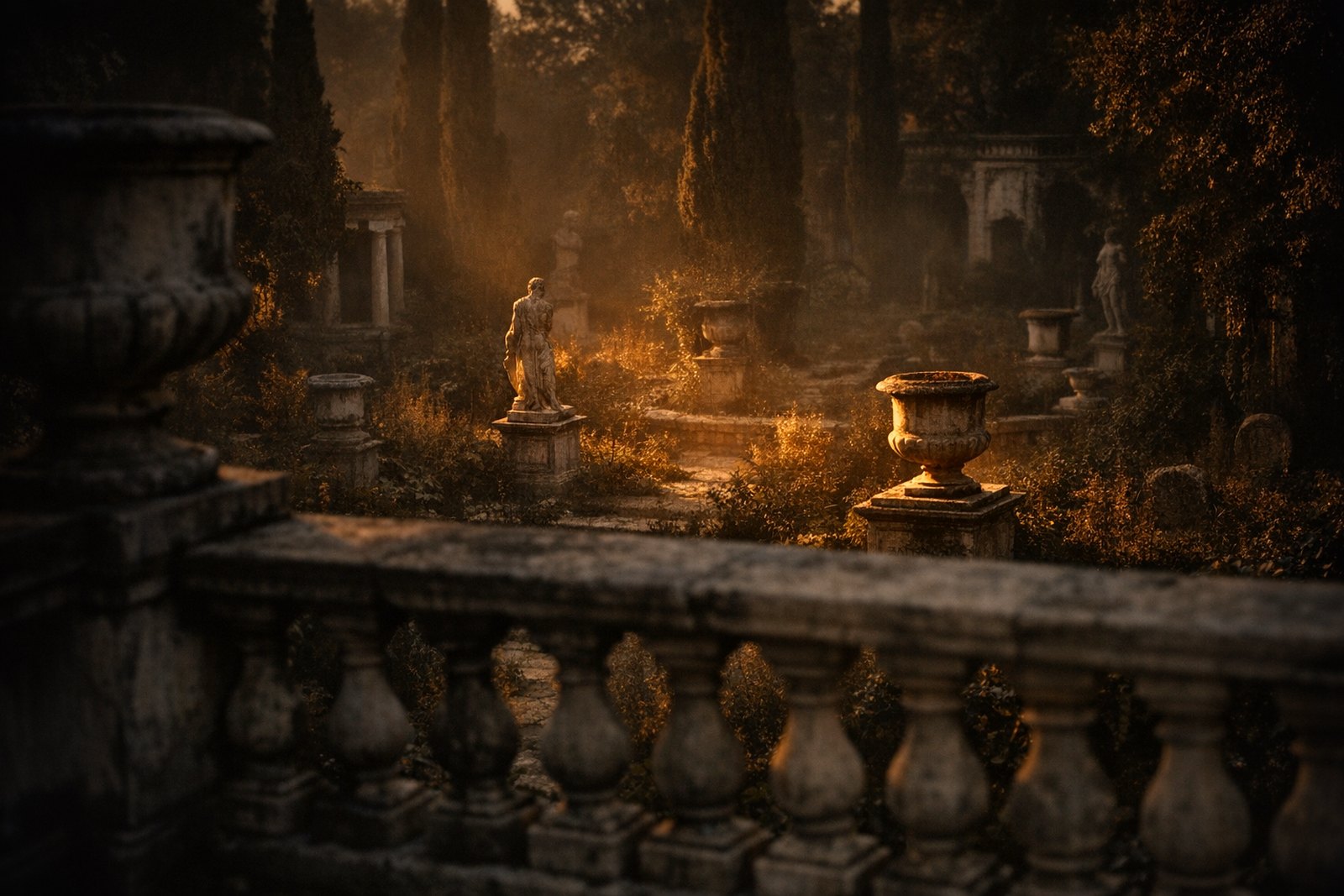 A wide overgrown garden viewed from a terrace, stone figures and urns scattered across it, a few picked out by low sun.