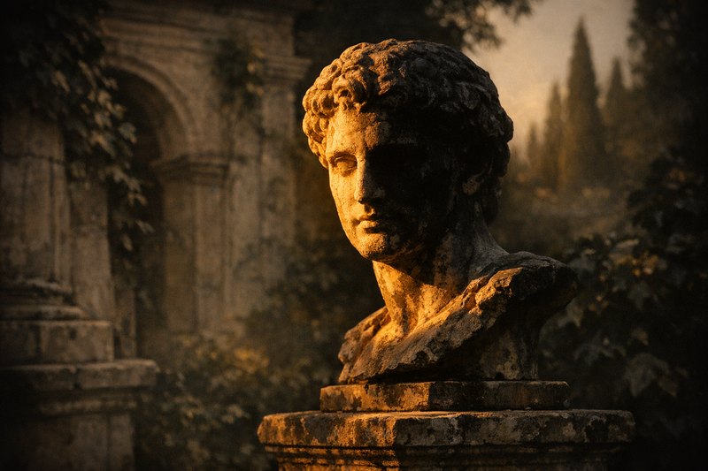 A weathered marble bust on a stone pedestal, one side of the face lit warmly and the other in deep shadow.