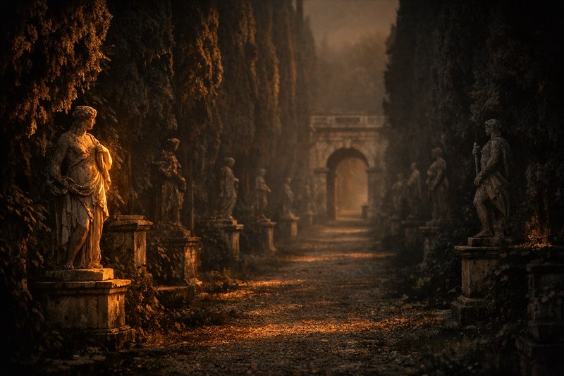 An avenue of cypress trees narrowing toward a distant stone archway, statues along both sides fading into shadow.