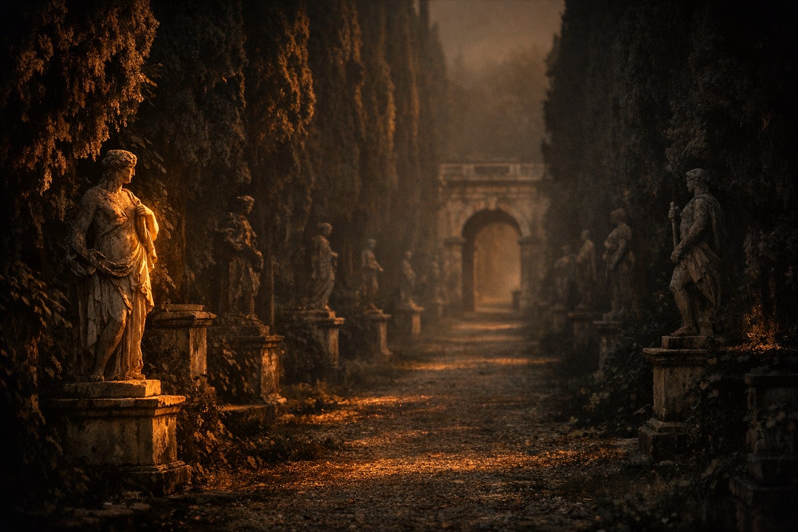 An avenue of cypress trees narrowing toward a distant stone archway, statues along both sides fading into shadow.