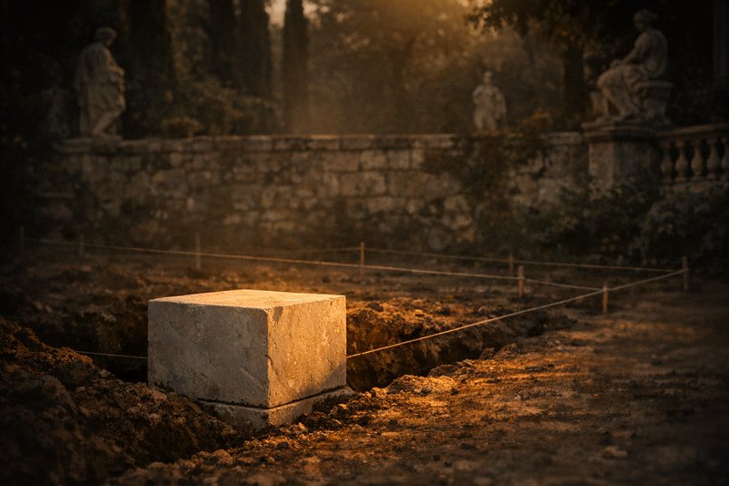 A freshly cut stone cornerstone set into an empty foundation trench, the rest of the foundation marked only by string lines in bare earth, with a completed weathered wall visible in the distance.