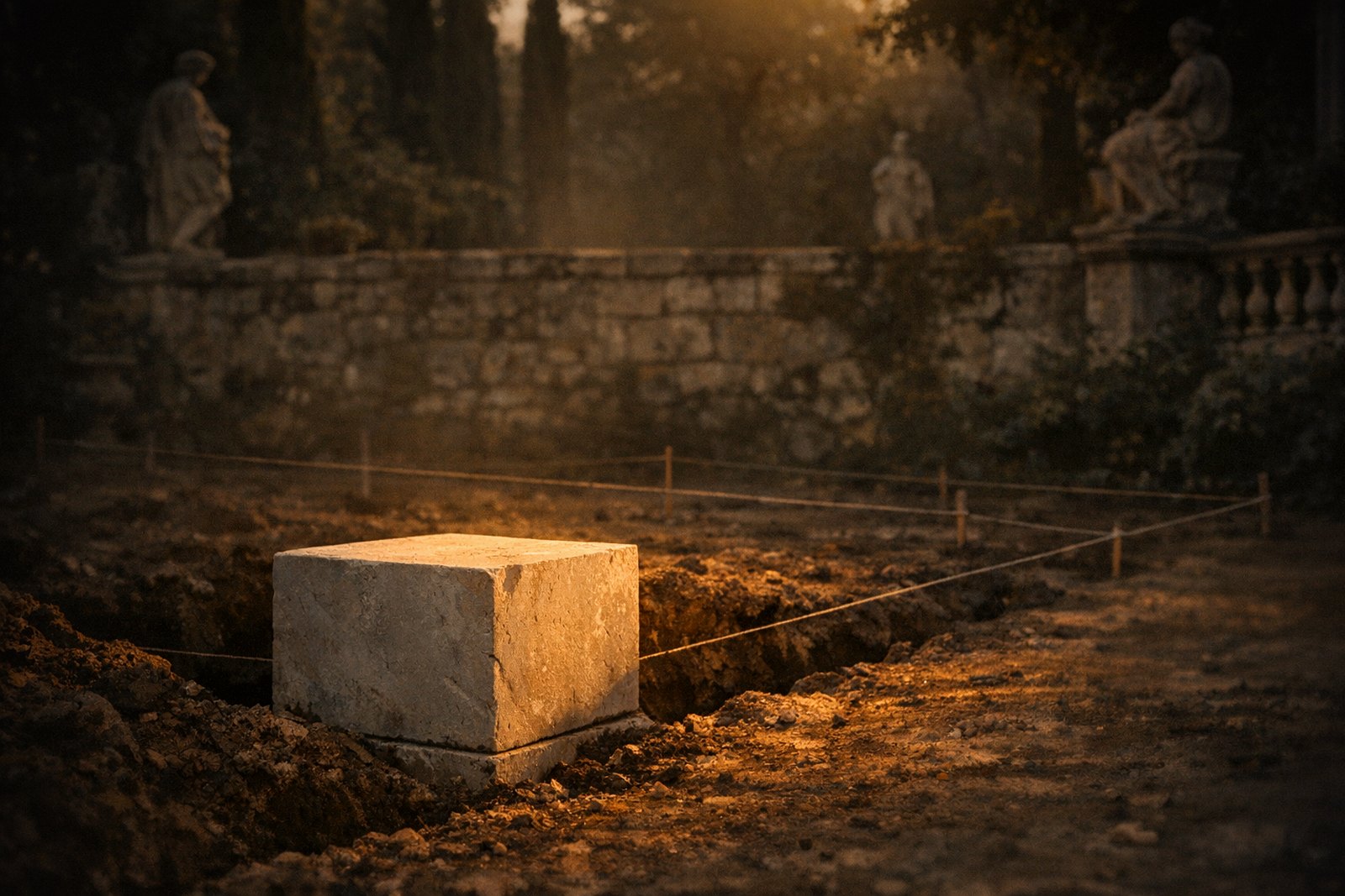 A freshly cut stone cornerstone set into an empty foundation trench, the rest of the foundation marked only by string lines in bare earth, with a completed weathered wall visible in the distance.