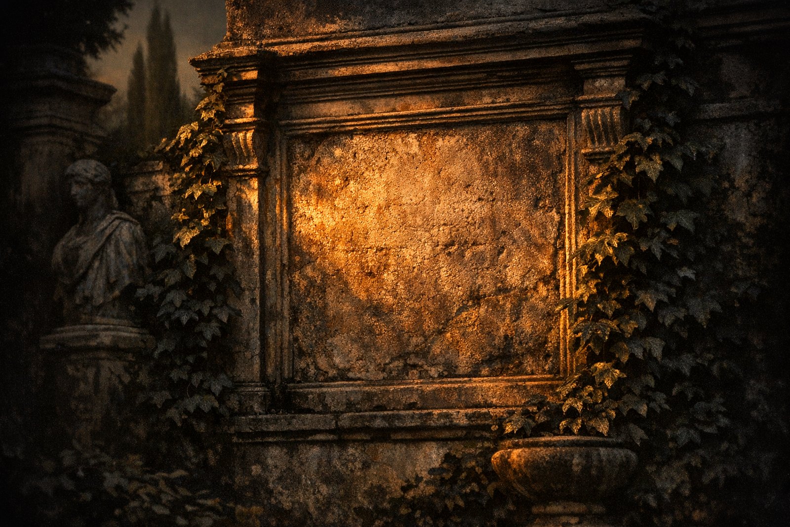 A carved stone tablet set into a garden wall, its inscription weathered away, raking light across the surface.