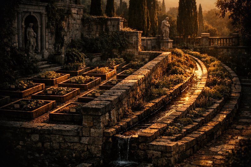 A garden split by a stone wall into a grid of labeled raised beds on one side and one continuous terraced bed with an unbroken water channel on the other, light sharp on the beds' corners, soft along the terrace's curve.
