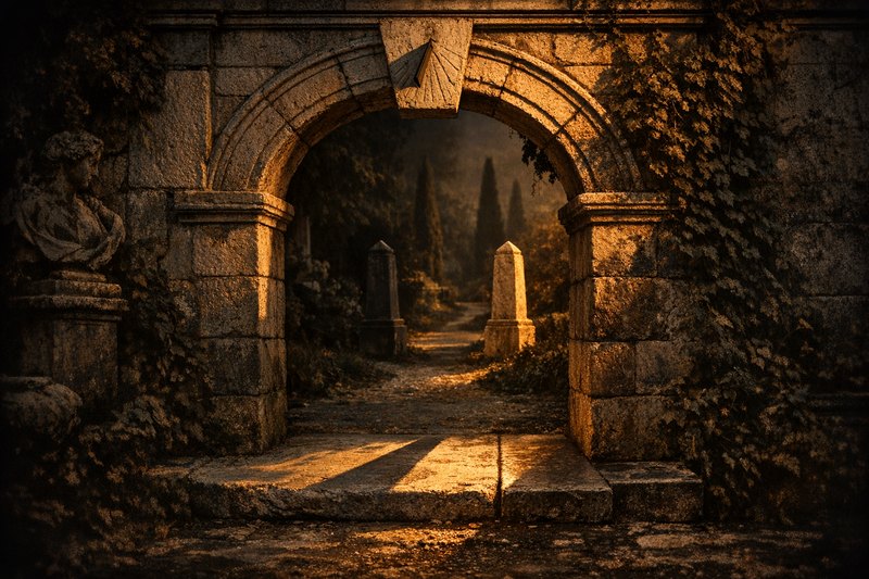 A stone archway with a sundial in its keystone, its shadow falling across a threshold worn smooth on one side and freshly cut on the other, two identical markers standing at a fork just beyond it.