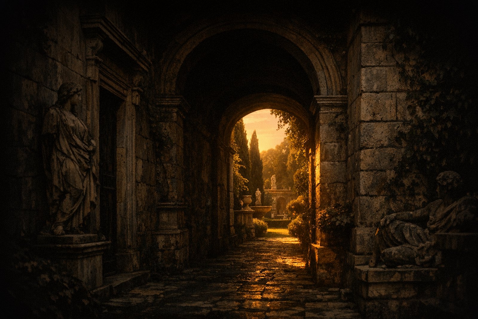 A narrow arched passage between heavy stone buildings, almost entirely in shadow, a bright garden at the far end.