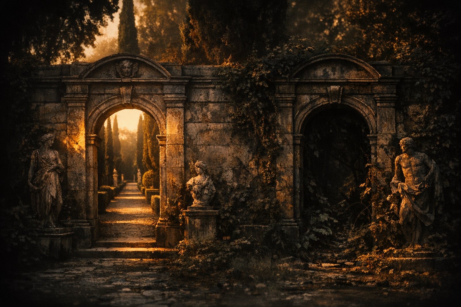 Two matched stone gateways in a garden wall, one opening onto a tended avenue and the other onto dense overgrowth.